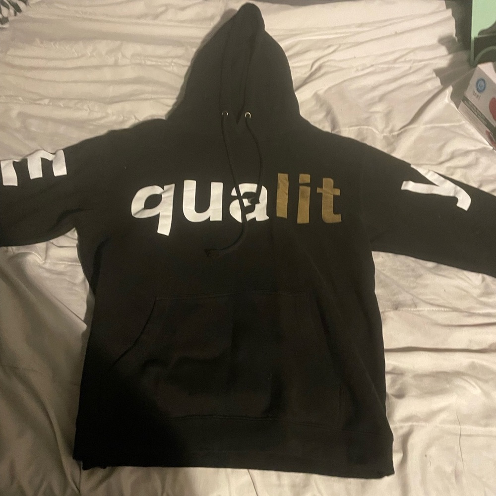 Small white black and gold equality hoodie